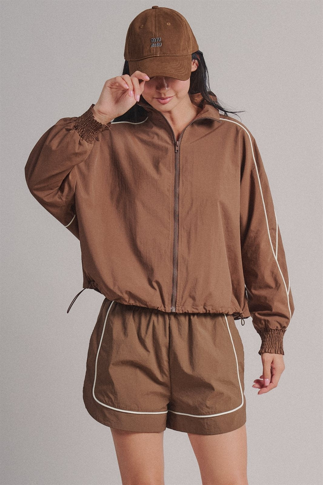Contrast Piping Nylon Zip-Up Windbreaker in Brown - Women's Fashion | Urban Daizy