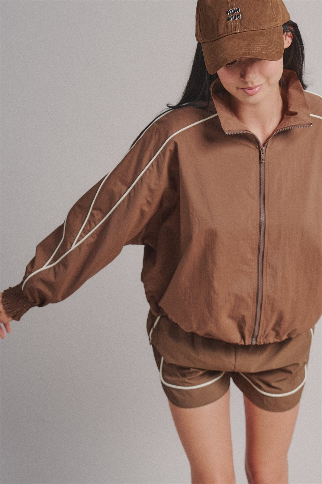 Contrast Piping Nylon Zip-Up Windbreaker in Brown - Women's Fashion | Urban Daizy