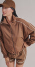 Contrast Piping Nylon Zip-Up Windbreaker in Brown - Women's Fashion | Urban Daizy