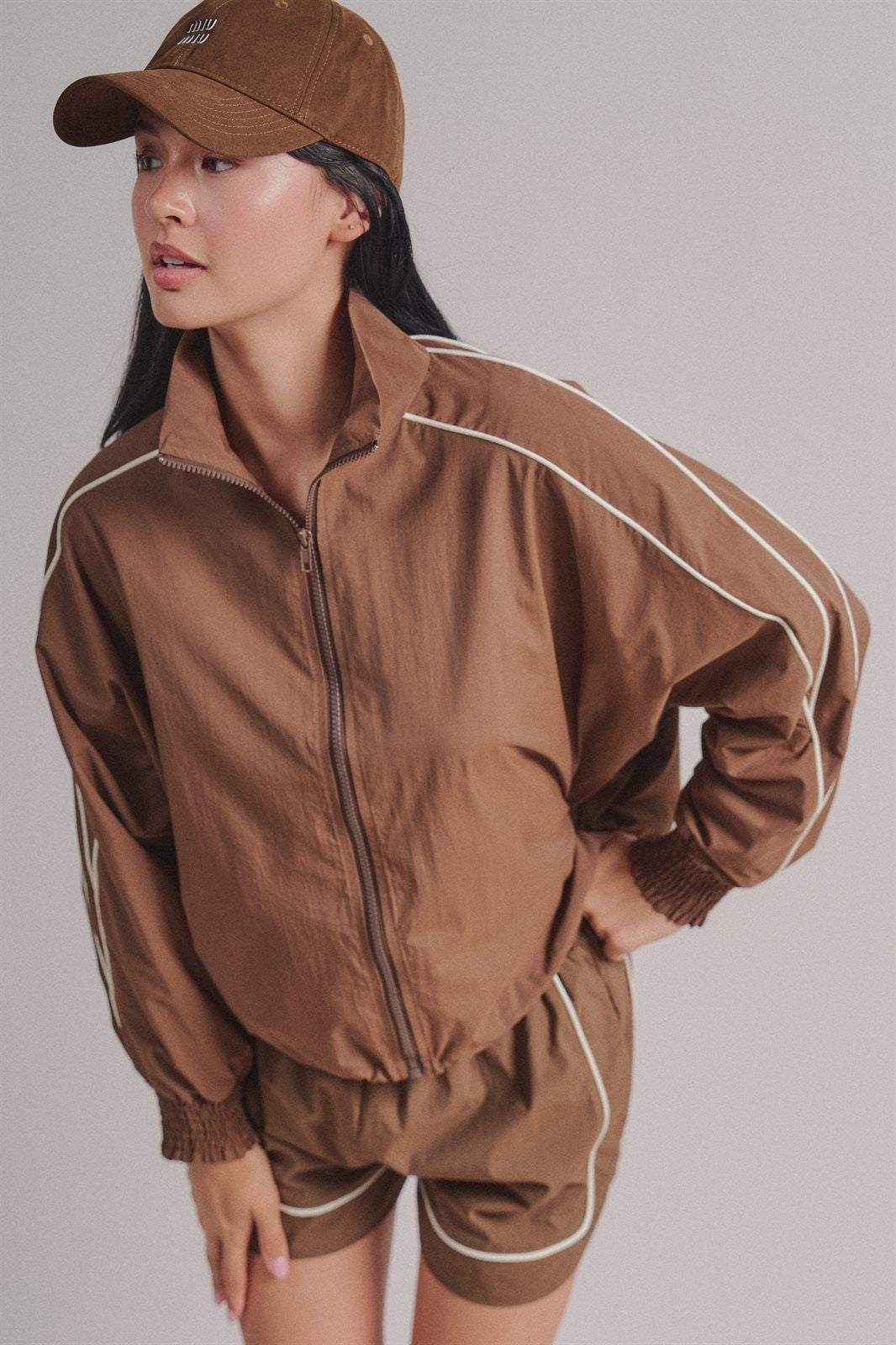 Contrast Piping Nylon Zip-Up Windbreaker in Brown - Women's Fashion | Urban Daizy
