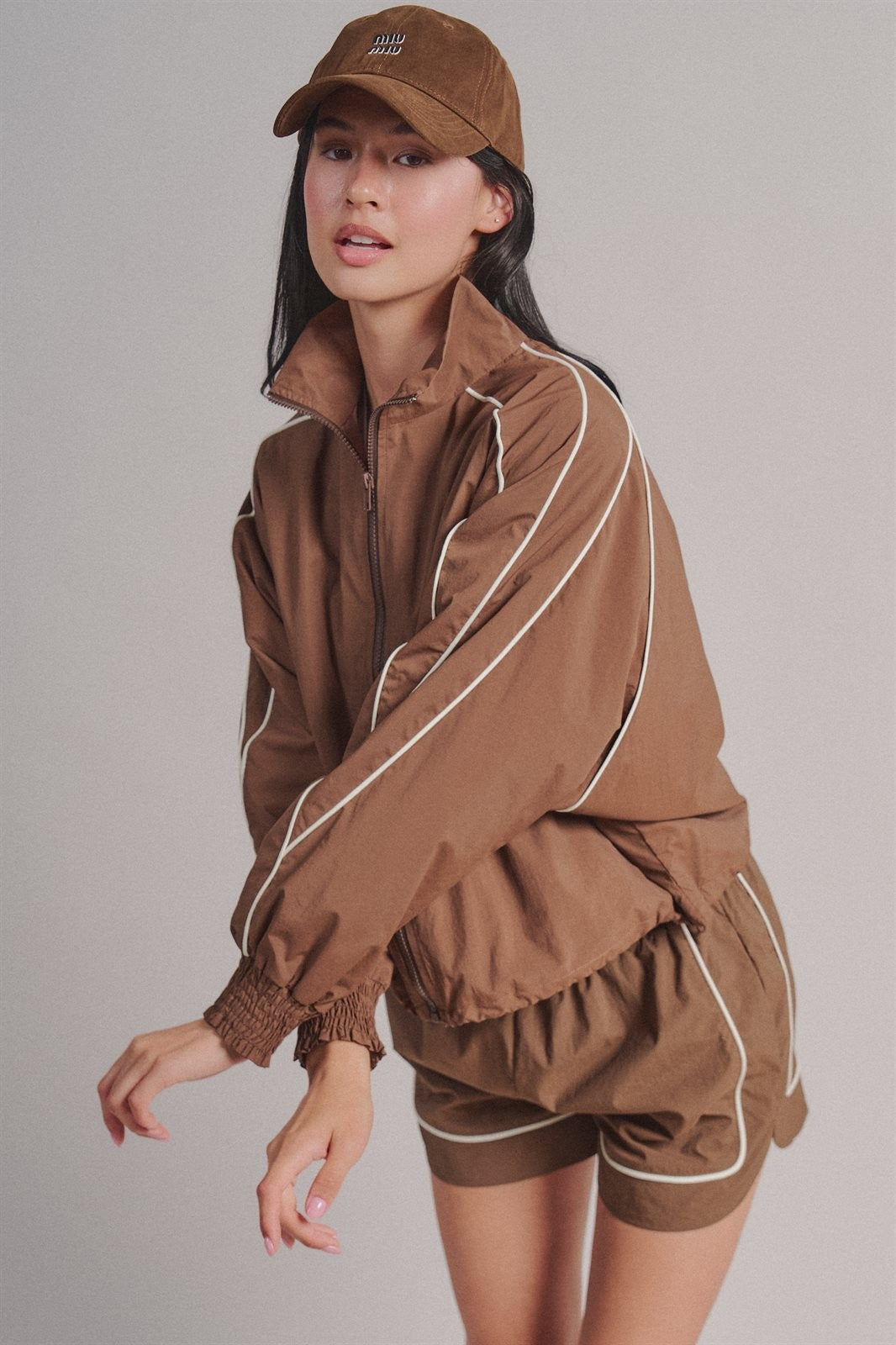Contrast Piping Nylon Zip-Up Windbreaker in Brown - Women's Fashion | Urban Daizy