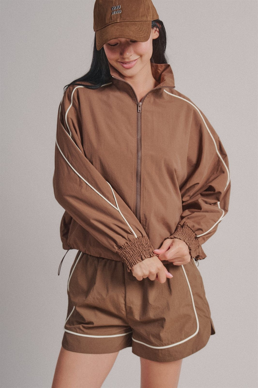 Contrast Piping Nylon Zip-Up Windbreaker in Brown - Women's Fashion | Urban Daizy