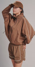 Contrast Piping Nylon Zip-Up Windbreaker in Brown - Women's Fashion | Urban Daizy