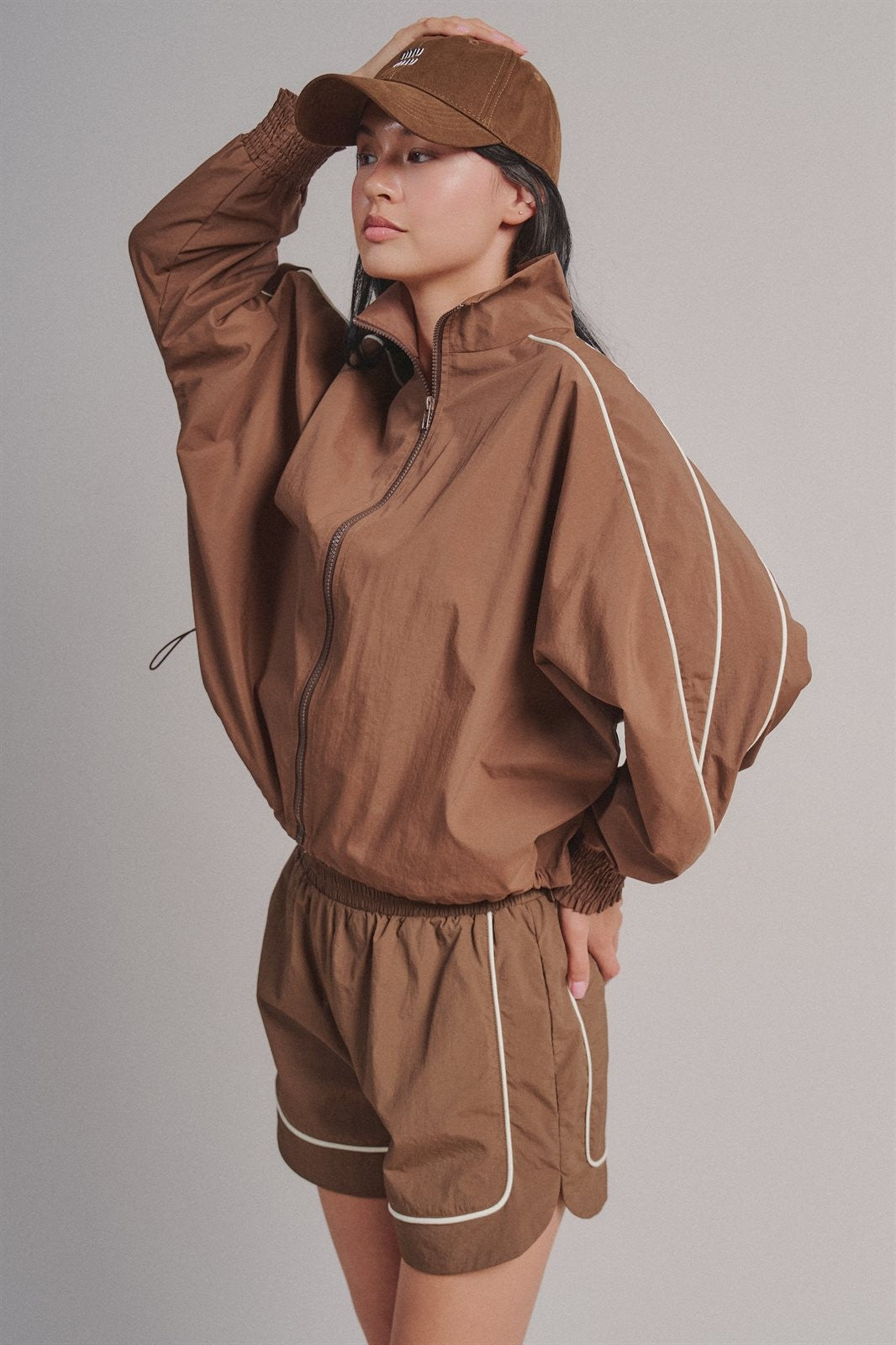 Contrast Piping Nylon Zip-Up Windbreaker in Brown - Women's Fashion | Urban Daizy