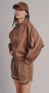 Contrast Piping Nylon Zip-Up Windbreaker in Brown - Women's Fashion | Urban Daizy