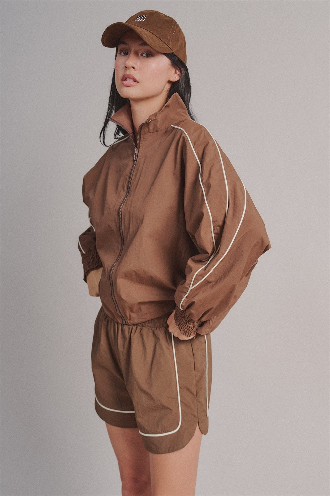 Contrast Piping Nylon Zip-Up Windbreaker in Brown - Women's Fashion | Urban Daizy