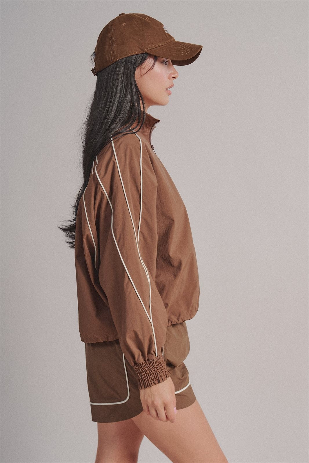Contrast Piping Nylon Zip-Up Windbreaker in Brown - Women's Fashion | Urban Daizy
