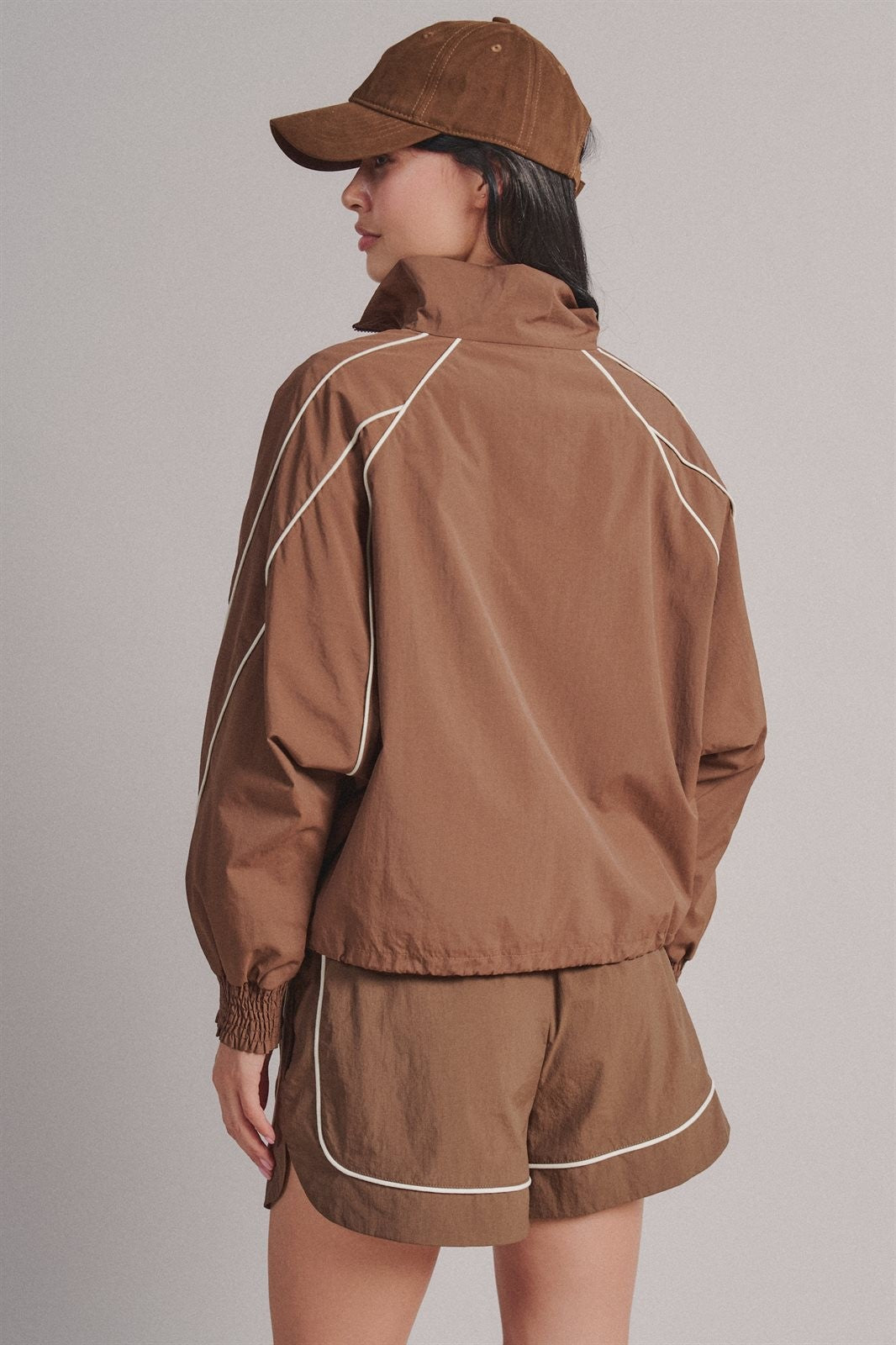 Contrast Piping Nylon Zip-Up Windbreaker in Brown - Women's Fashion | Urban Daizy