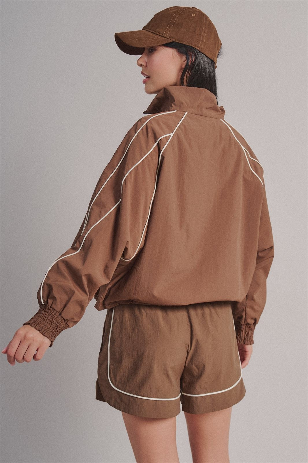 Contrast Piping Nylon Zip-Up Windbreaker in Brown - Women's Fashion | Urban Daizy