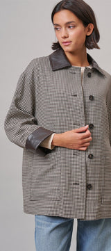 Houndstooth Oversized Button-Down Jacket with Leather Trim in Ivory Brown - Women's Jackets & Blazers | Urban Daizy