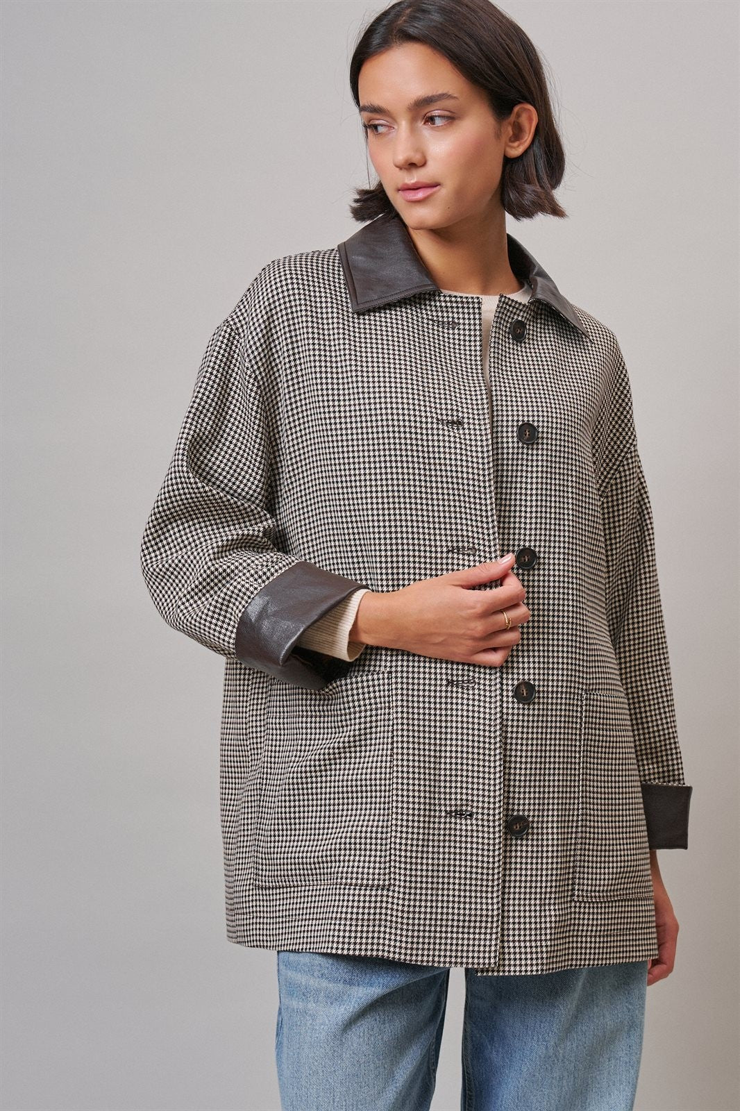 Houndstooth Oversized Button-Down Jacket with Leather Trim in Ivory Brown - Women's Jackets & Blazers | Urban Daizy