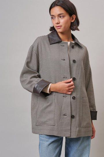 Houndstooth Shacket with Leather-Trim Collar