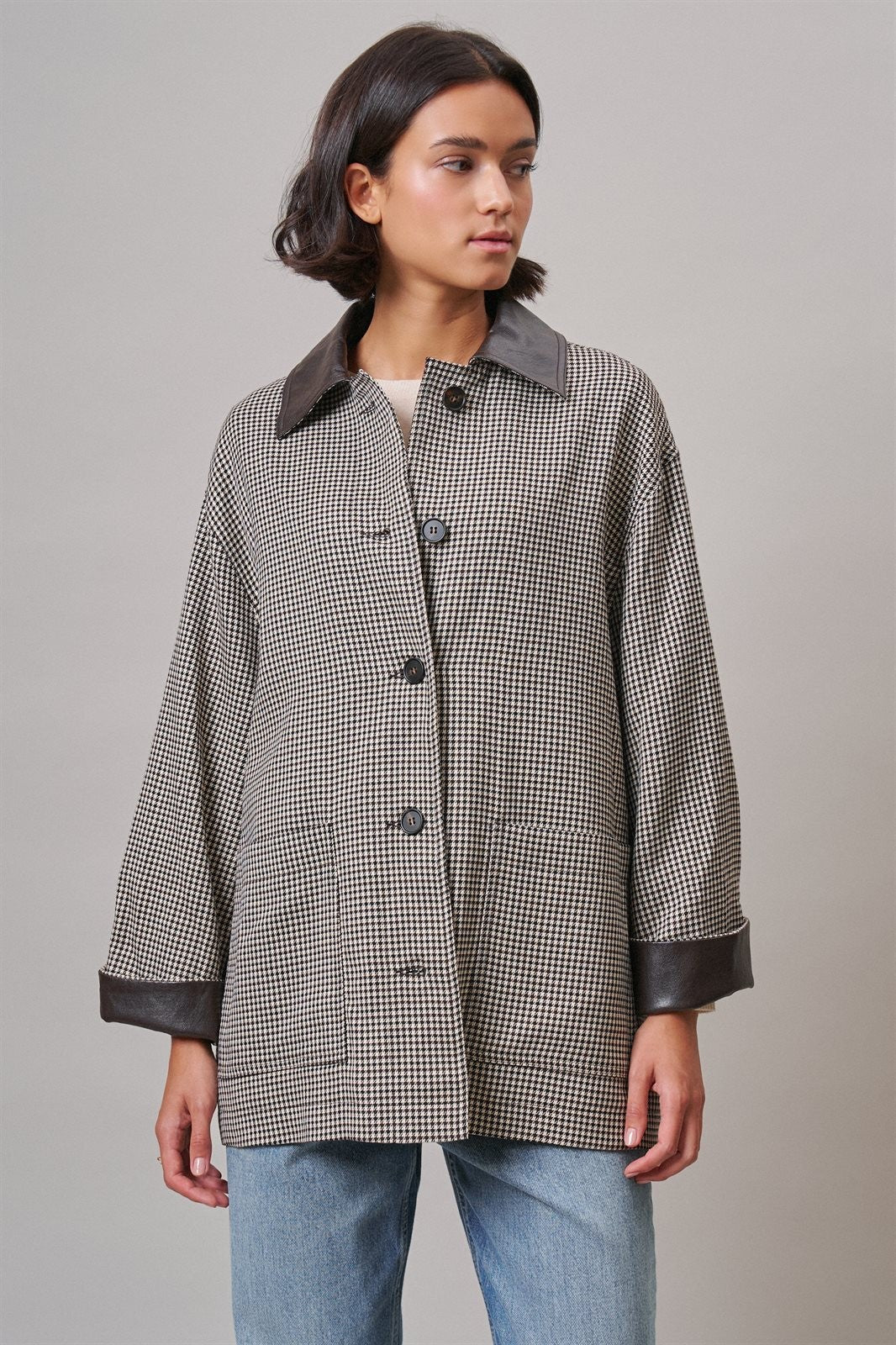 Houndstooth Oversized Button-Down Jacket with Leather Trim in Ivory Brown - Women's Jackets & Blazers | Urban Daizy