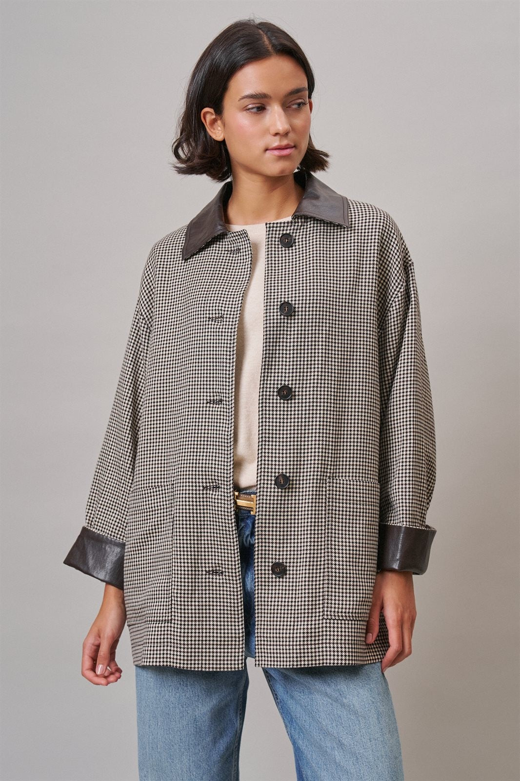 Houndstooth Oversized Button-Down Jacket with Leather Trim in Ivory Brown - Women's Jackets & Blazers | Urban Daizy