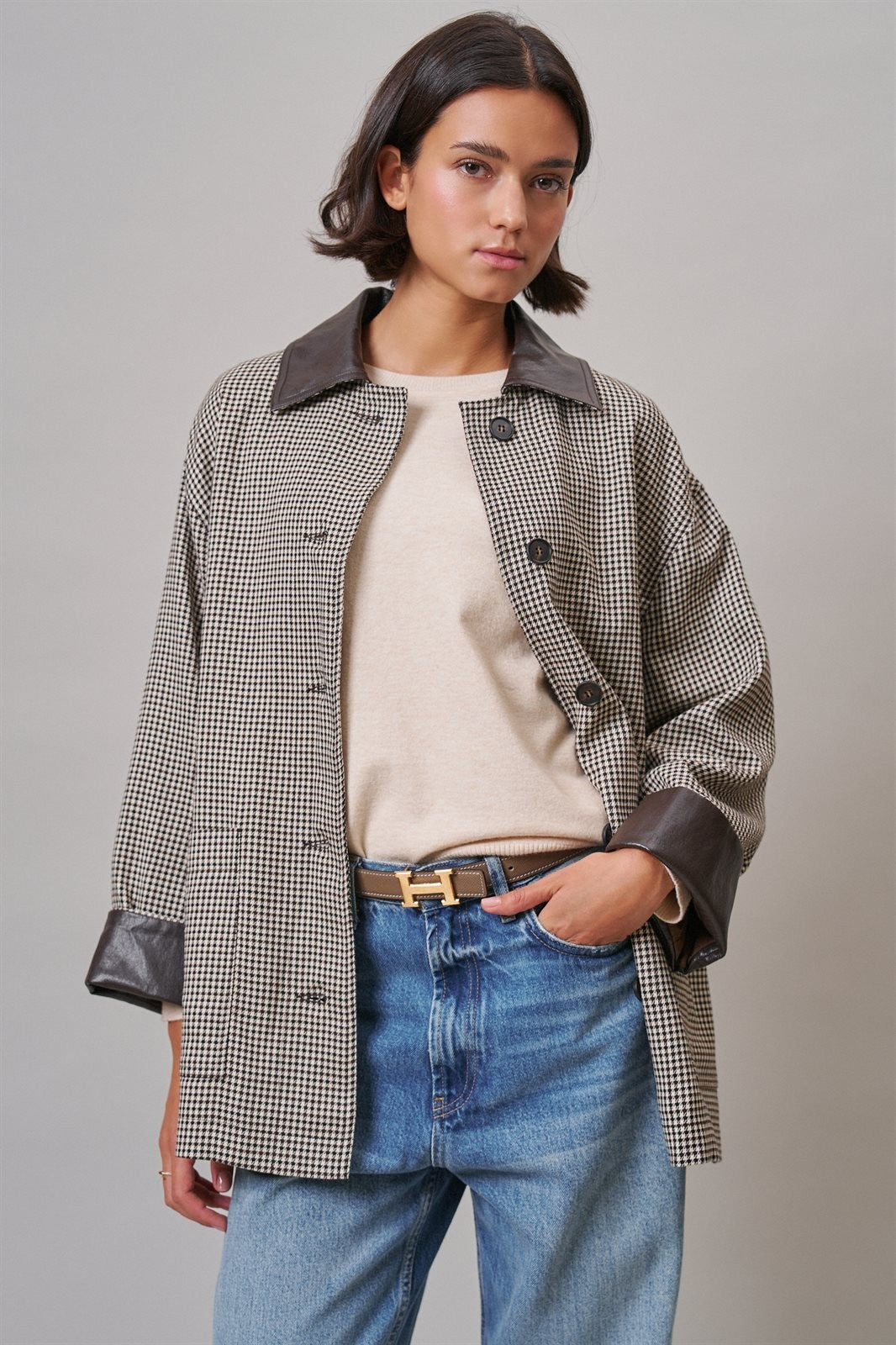 Houndstooth Oversized Button-Down Jacket with Leather Trim in Ivory Brown - Women's Jackets & Blazers | Urban Daizy