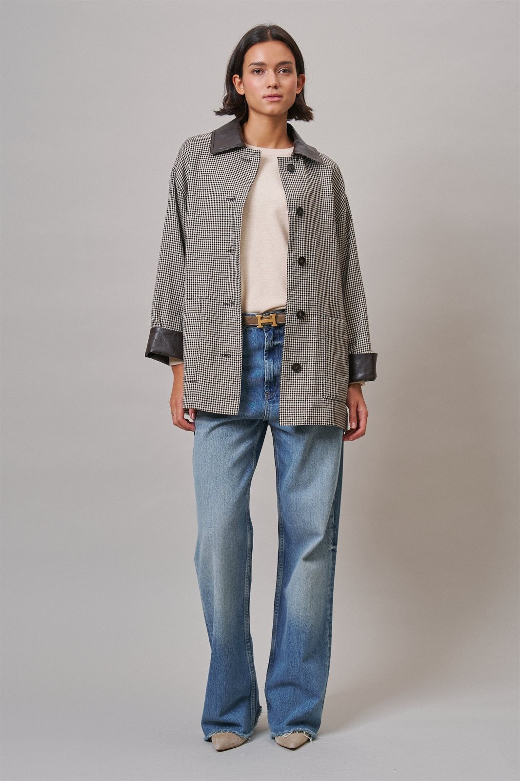 Houndstooth Oversized Button-Down Jacket with Leather Trim in Ivory Brown - Women's Jackets & Blazers | Urban Daizy