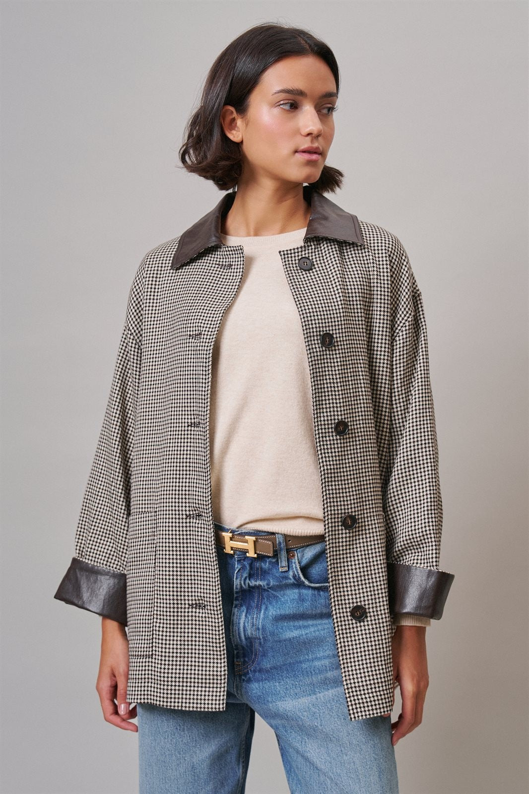 Houndstooth Oversized Button-Down Jacket with Leather Trim in Ivory Brown - Women's Jackets & Blazers | Urban Daizy
