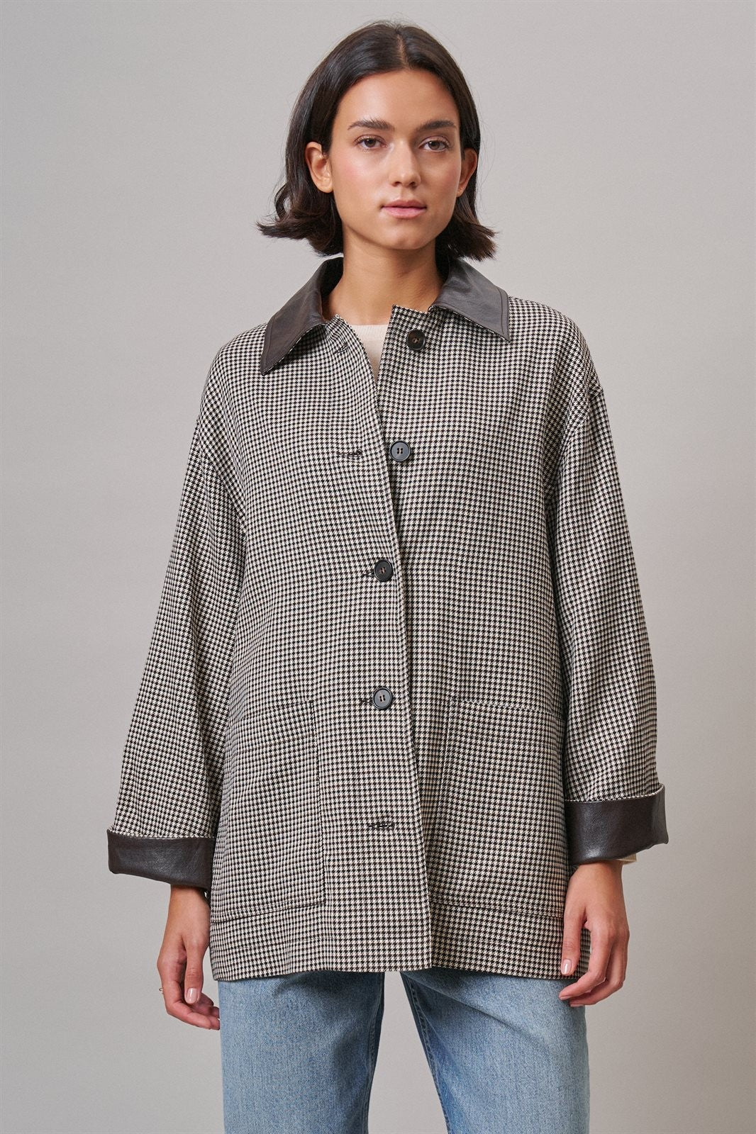Houndstooth Oversized Button-Down Jacket with Leather Trim in Ivory Brown - Women's Jackets & Blazers | Urban Daizy
