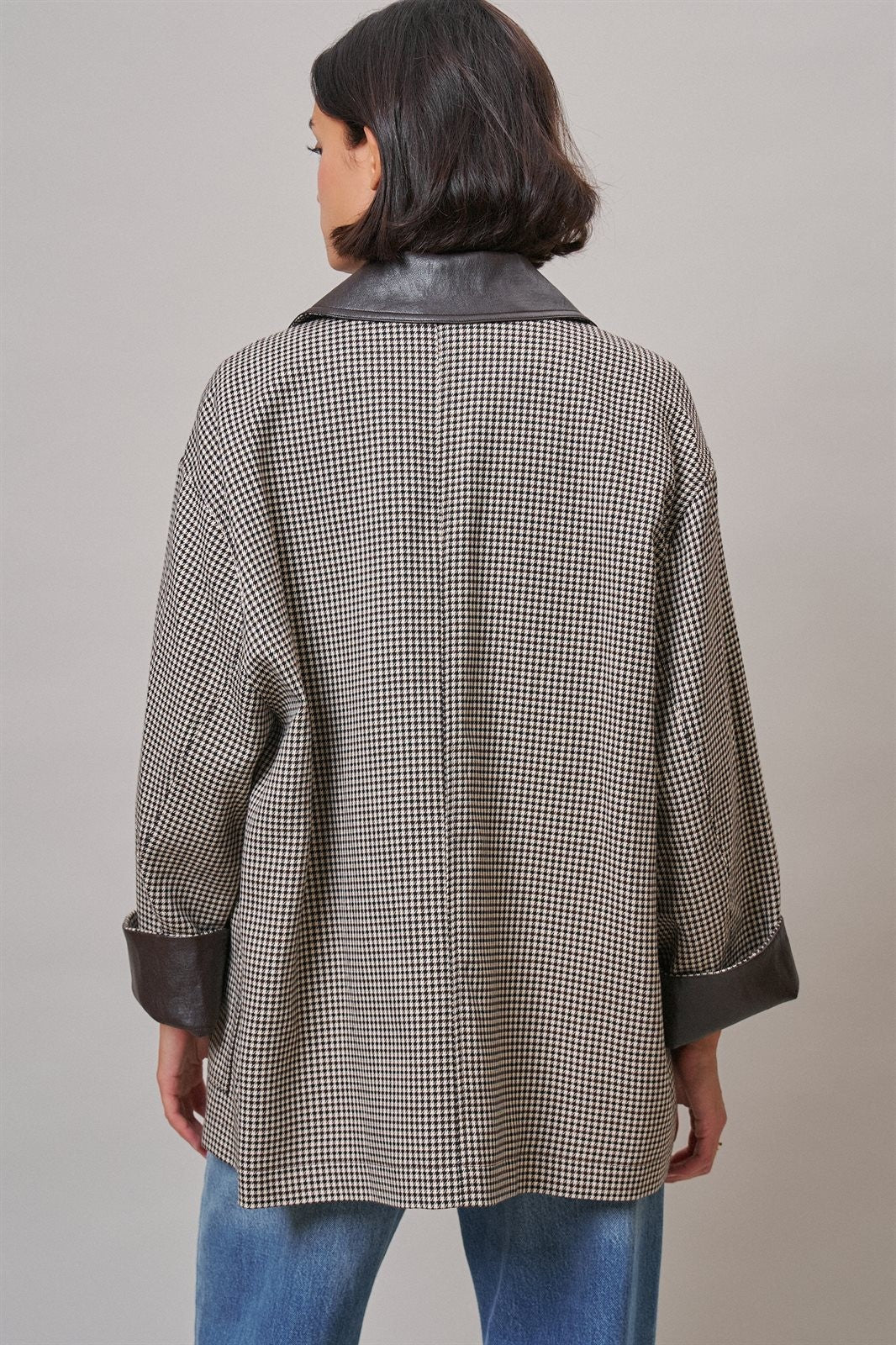 Houndstooth Oversized Button-Down Jacket with Leather Trim in Ivory Brown - Women's Jackets & Blazers | Urban Daizy