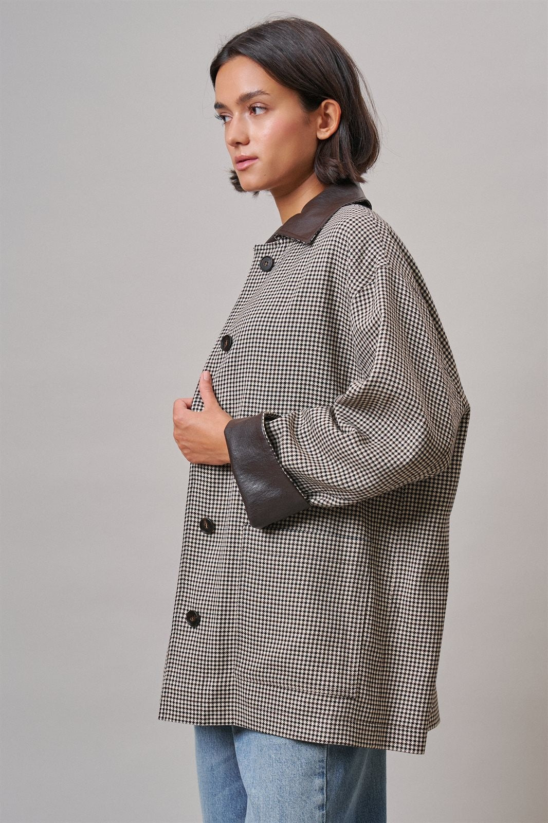 Houndstooth Oversized Button-Down Jacket with Leather Trim in Ivory Brown - Women's Jackets & Blazers | Urban Daizy