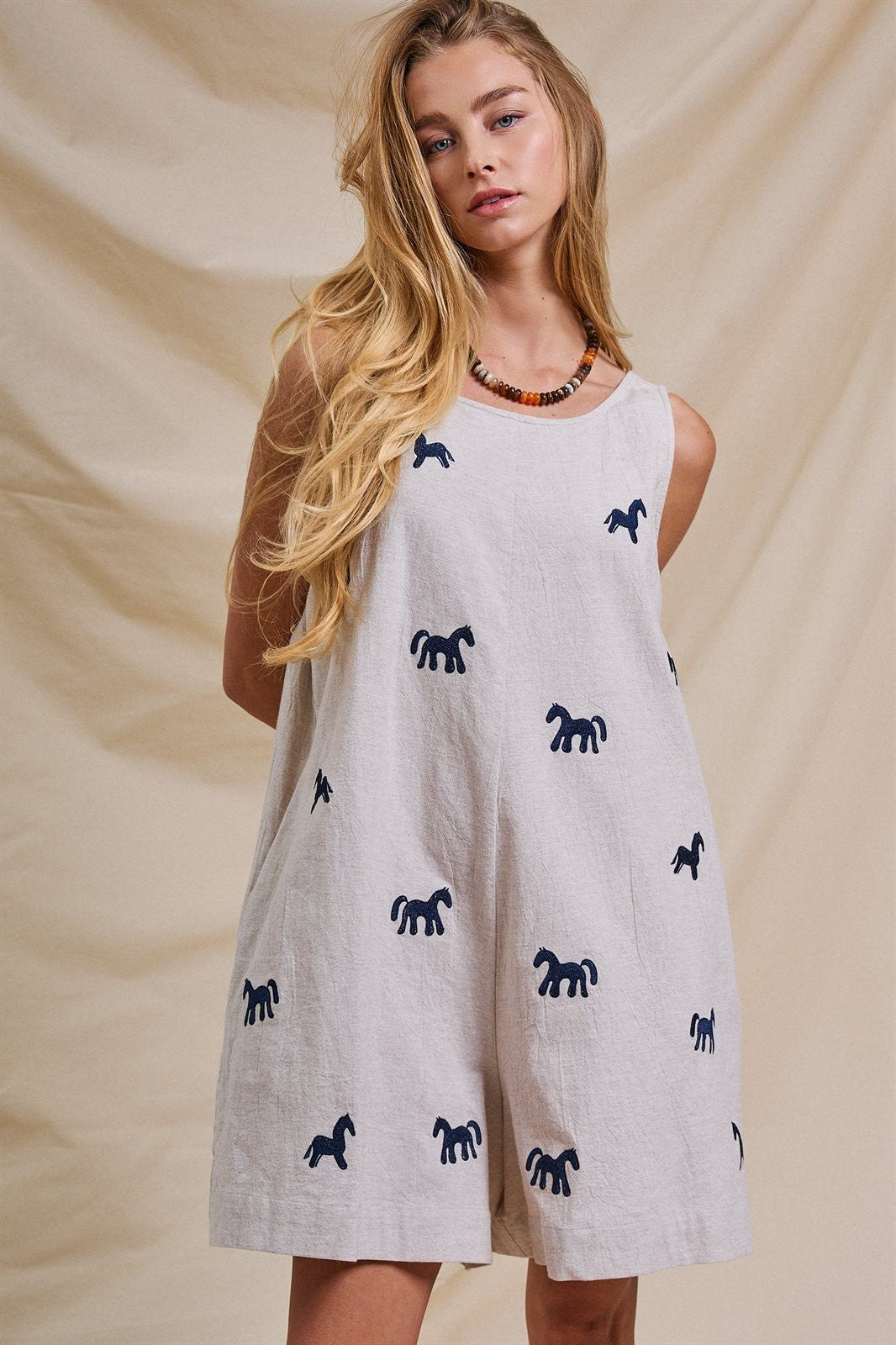 Embroidered Pony Cotton Linen Sleeveless Romper in Blue - Women's Jumpsuits & Rompers | Urban Daizy