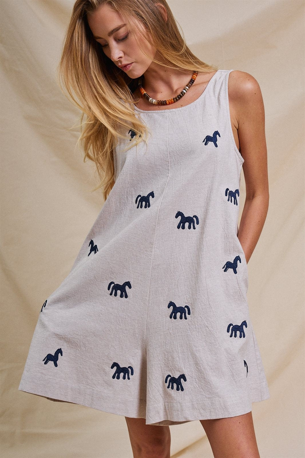 Embroidered Pony Cotton Linen Sleeveless Romper in Blue - Women's Jumpsuits & Rompers | Urban Daizy