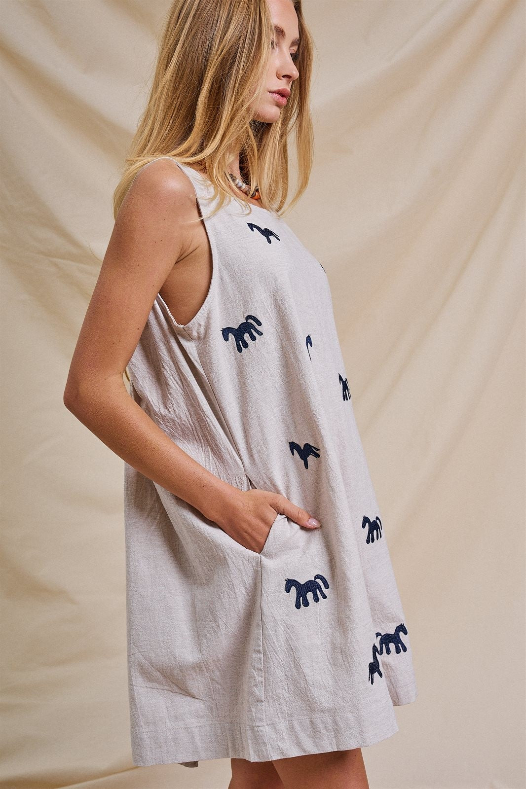 Embroidered Pony Cotton Linen Sleeveless Romper in Blue - Women's Jumpsuits & Rompers | Urban Daizy