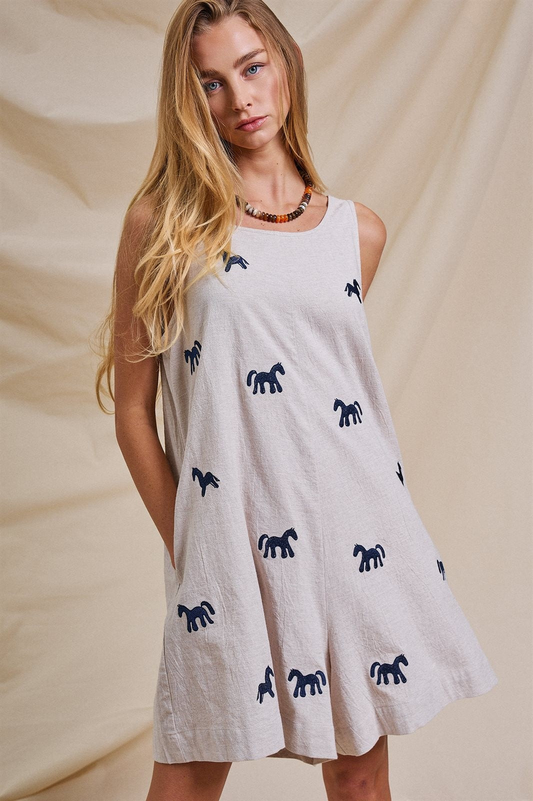 Embroidered Pony Cotton Linen Sleeveless Romper in Blue - Women's Jumpsuits & Rompers | Urban Daizy