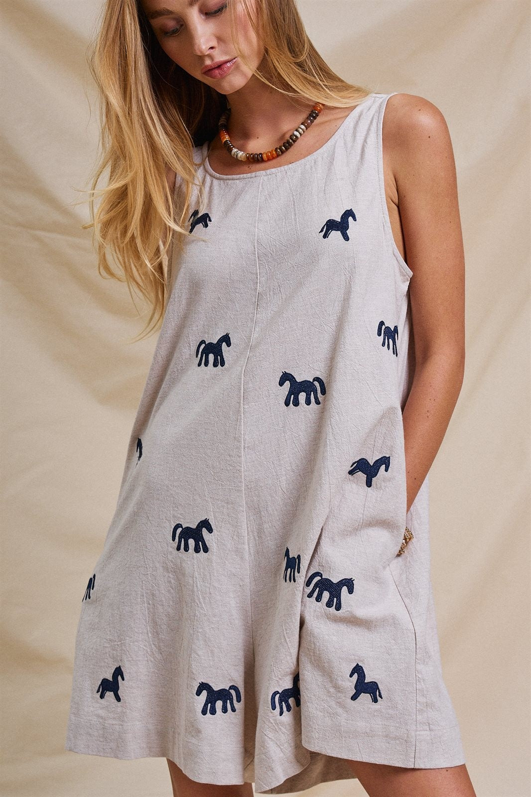 Embroidered Pony Cotton Linen Sleeveless Romper in Blue - Women's Jumpsuits & Rompers | Urban Daizy