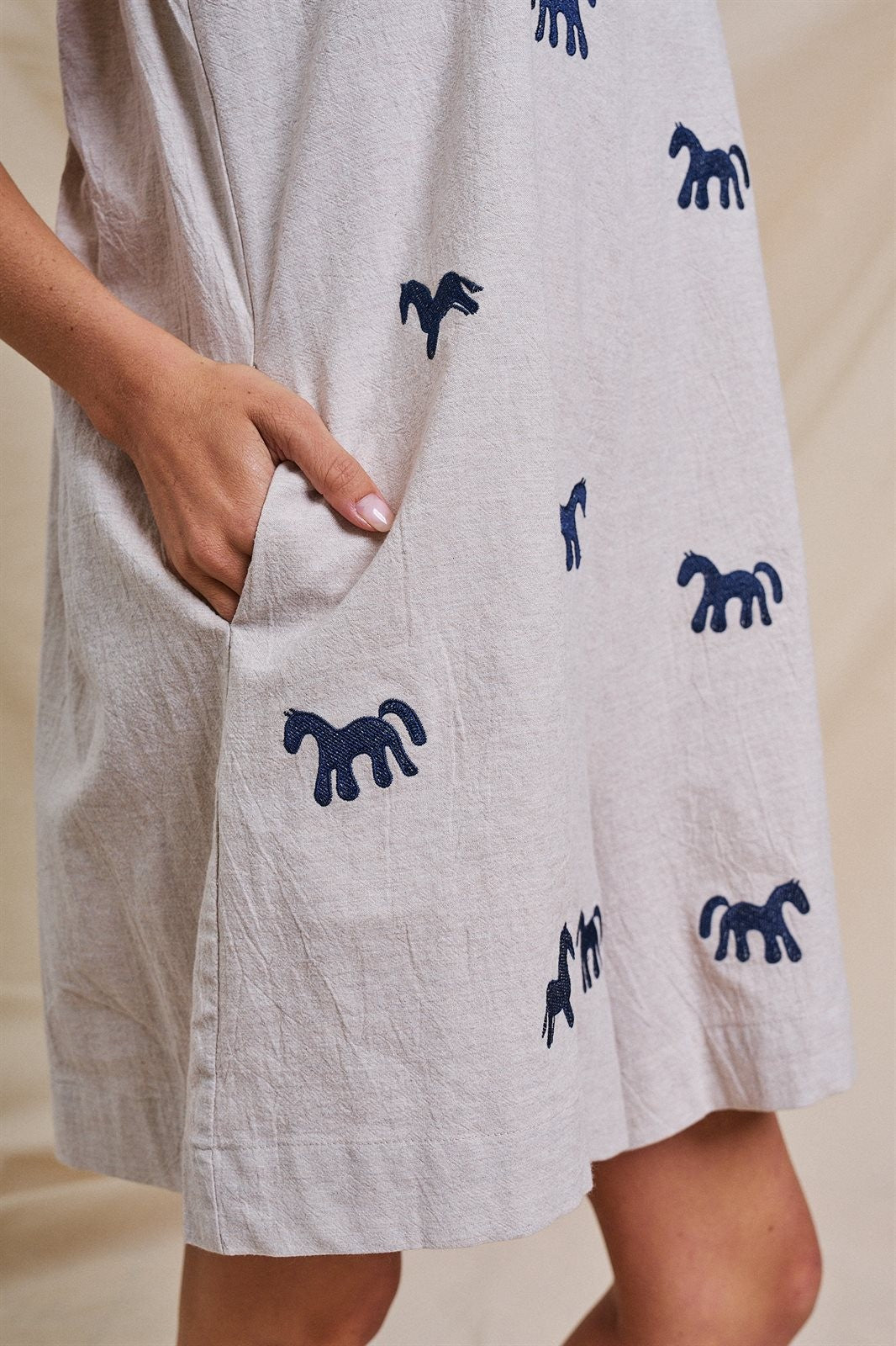 Embroidered Pony Cotton Linen Sleeveless Romper in Blue - Women's Jumpsuits & Rompers | Urban Daizy