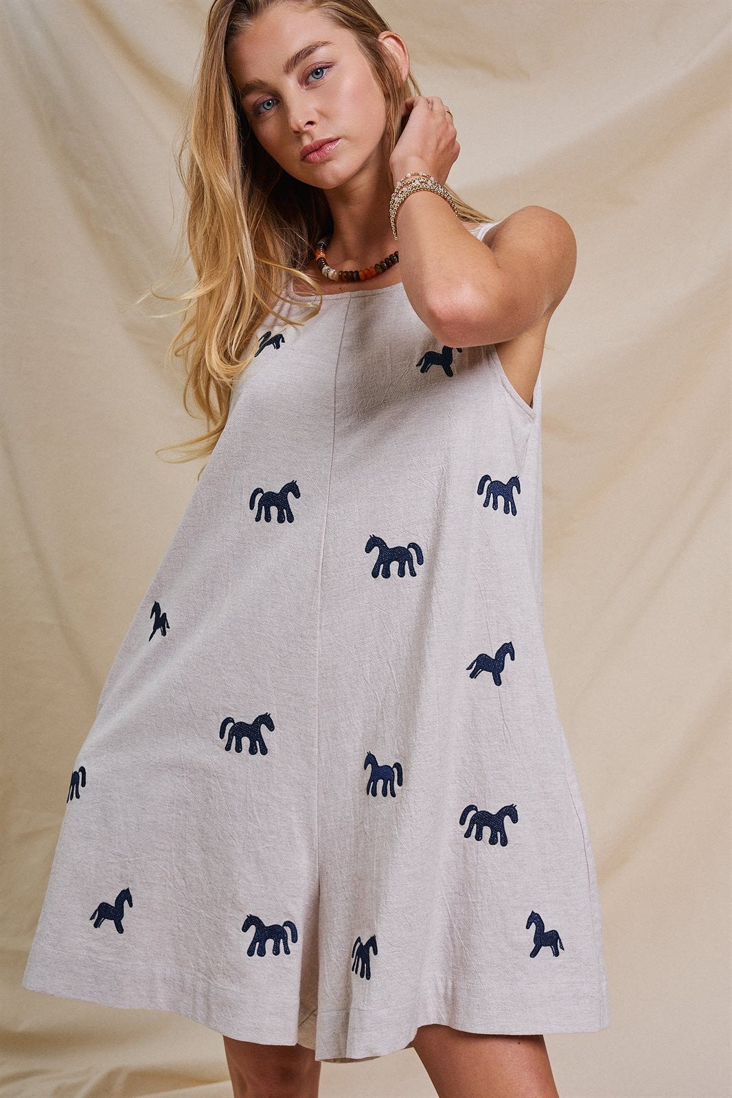 Embroidered Pony Cotton Linen Sleeveless Romper in Blue - Women's Jumpsuits & Rompers | Urban Daizy