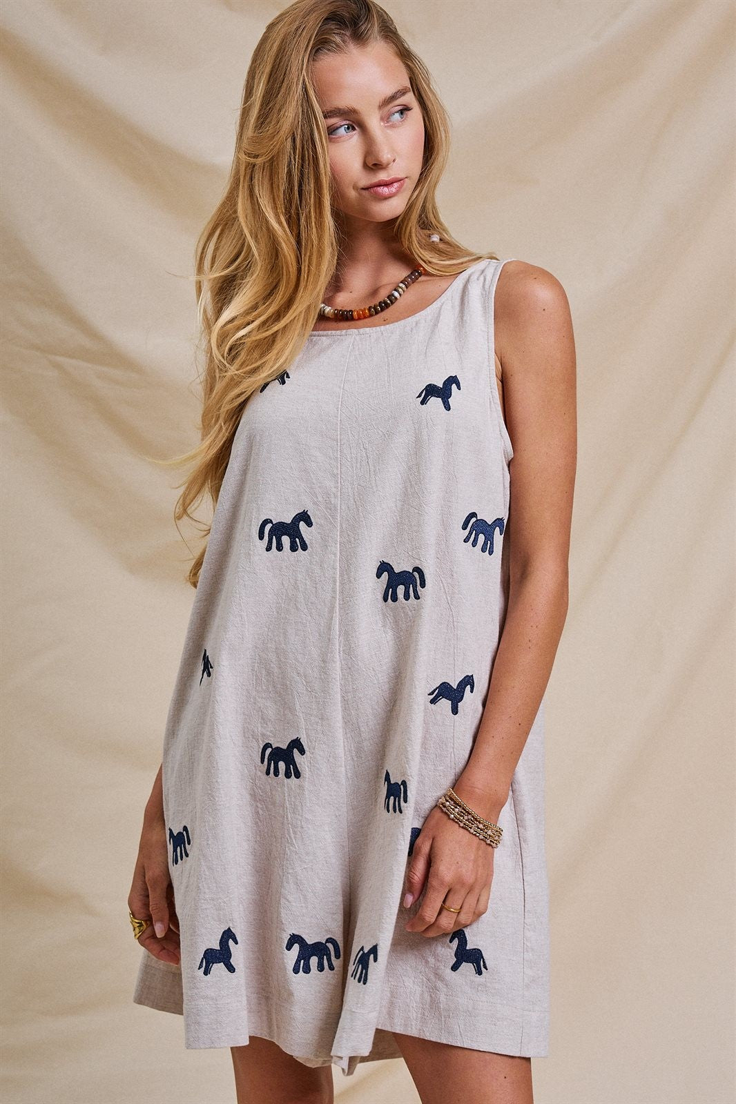 Embroidered Pony Cotton Linen Sleeveless Romper in Blue - Women's Jumpsuits & Rompers | Urban Daizy
