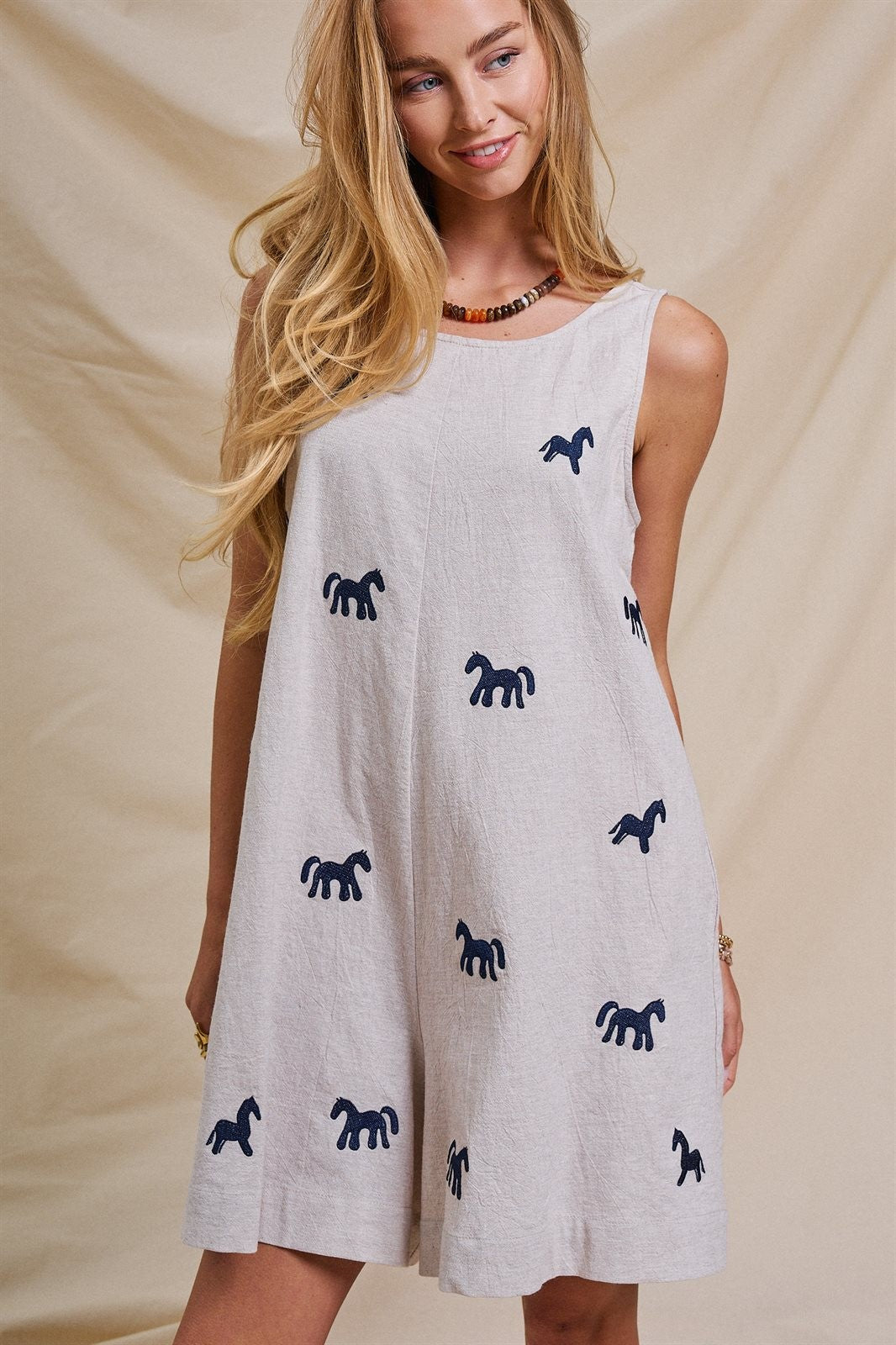 Embroidered Pony Cotton Linen Sleeveless Romper in Blue - Women's Jumpsuits & Rompers | Urban Daizy