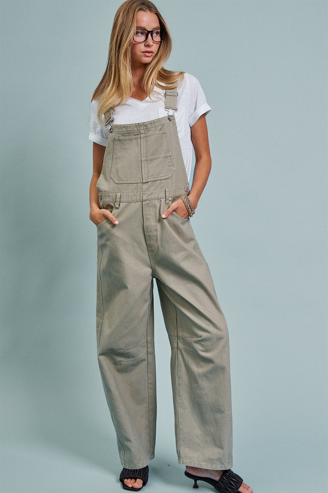 Wide-Leg Utility Denim Overalls with Adjustable Straps in Olive - Women's Jumpsuits & Rompers | Urban Daizy