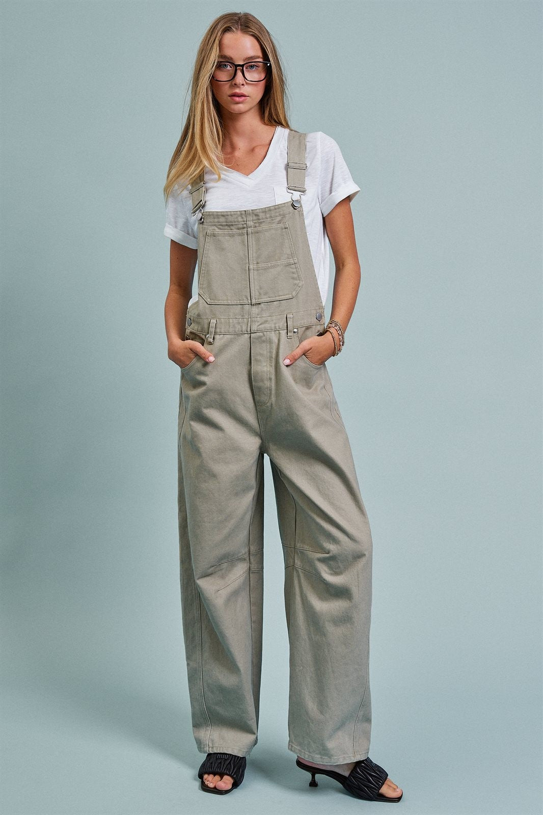 Wide-Leg Utility Denim Overalls with Adjustable Straps in Olive - Women's Jumpsuits & Rompers | Urban Daizy