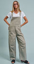 Wide-Leg Utility Denim Overalls with Adjustable Straps in Olive - Women's Jumpsuits & Rompers | Urban Daizy