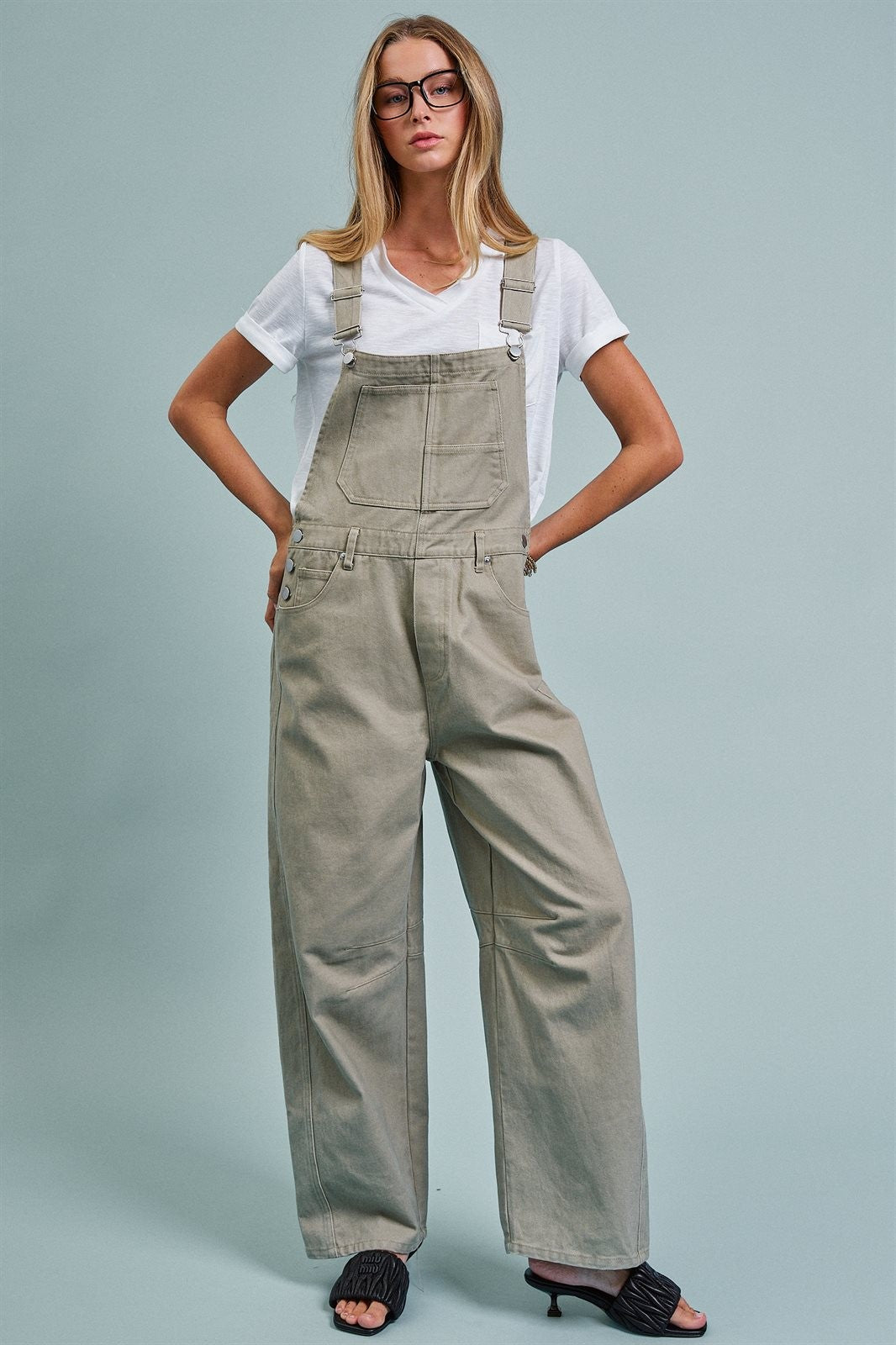 Wide-Leg Utility Denim Overalls with Adjustable Straps in Olive - Women's Jumpsuits & Rompers | Urban Daizy