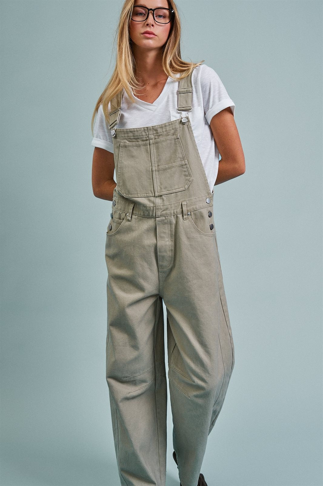 Wide-Leg Utility Denim Overalls with Adjustable Straps in Olive - Women's Jumpsuits & Rompers | Urban Daizy