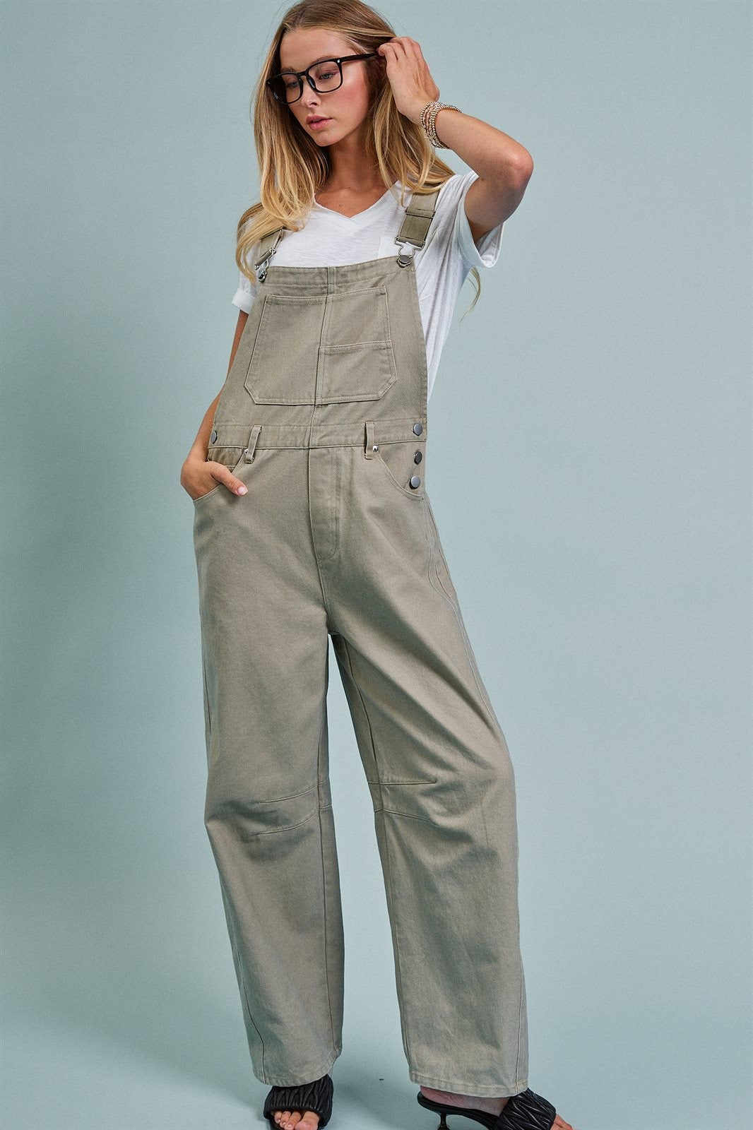Wide-Leg Utility Denim Overalls with Adjustable Straps in Olive - Women's Jumpsuits & Rompers | Urban Daizy