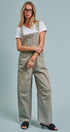 Wide-Leg Utility Denim Overalls with Adjustable Straps in Olive - Women's Jumpsuits & Rompers | Urban Daizy