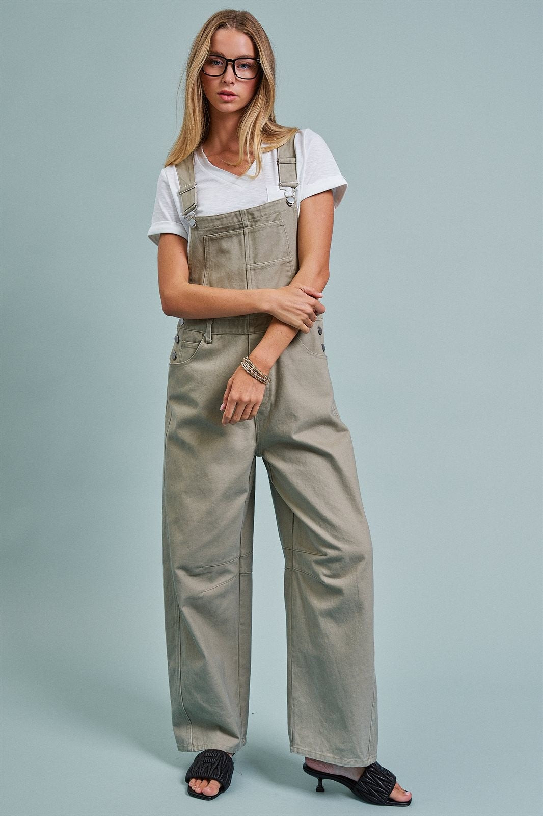 Wide-Leg Utility Denim Overalls with Adjustable Straps in Olive - Women's Jumpsuits & Rompers | Urban Daizy