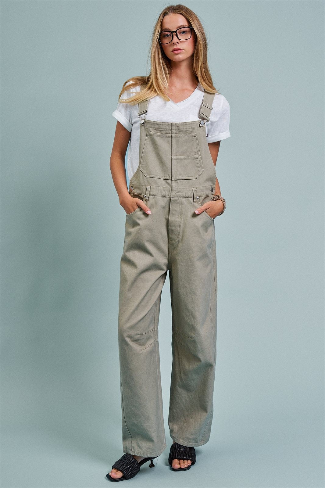 Wide-Leg Utility Denim Overalls with Adjustable Straps in Olive - Women's Jumpsuits & Rompers | Urban Daizy