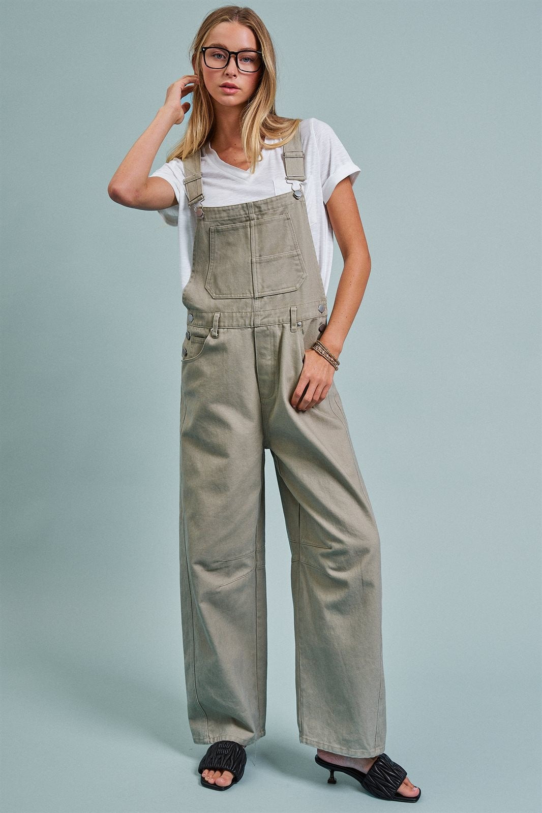 Wide-Leg Utility Denim Overalls with Adjustable Straps in Olive - Women's Jumpsuits & Rompers | Urban Daizy