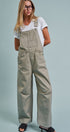 Wide-Leg Utility Denim Overalls with Adjustable Straps in Olive - Women's Jumpsuits & Rompers | Urban Daizy