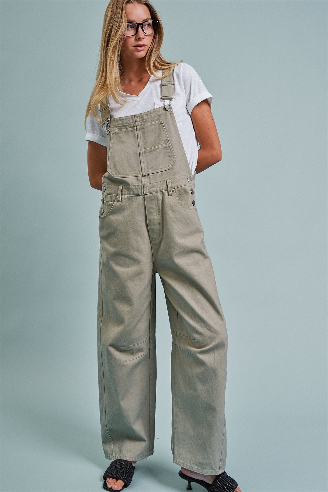 Wide-Leg Utility Denim Overalls with Adjustable Straps in Olive - Women's Jumpsuits & Rompers | Urban Daizy
