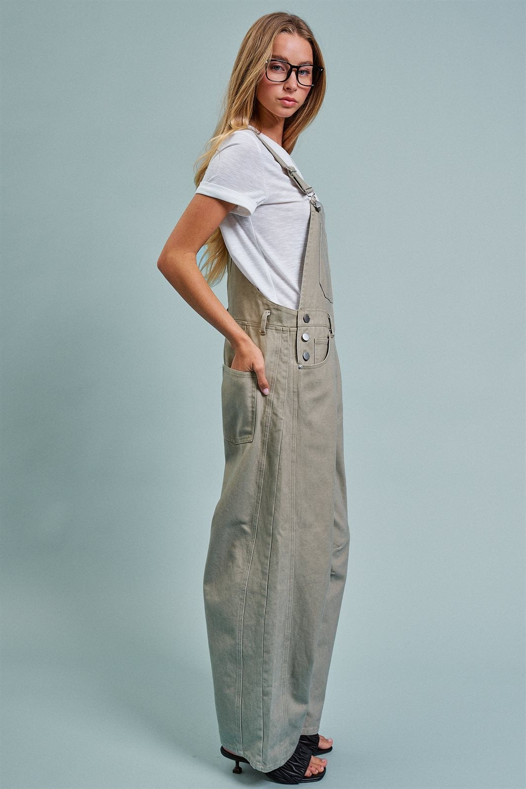 Wide-Leg Utility Denim Overalls with Adjustable Straps in Olive - Women's Jumpsuits & Rompers | Urban Daizy