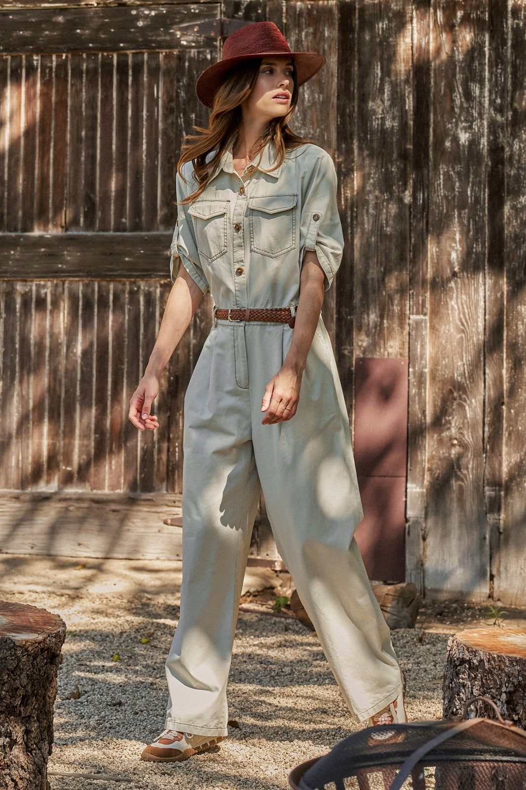 Cotton Utility Jumpsuit with Braided Belt in Khaki - Women's Jumpsuits | Urban Daizy