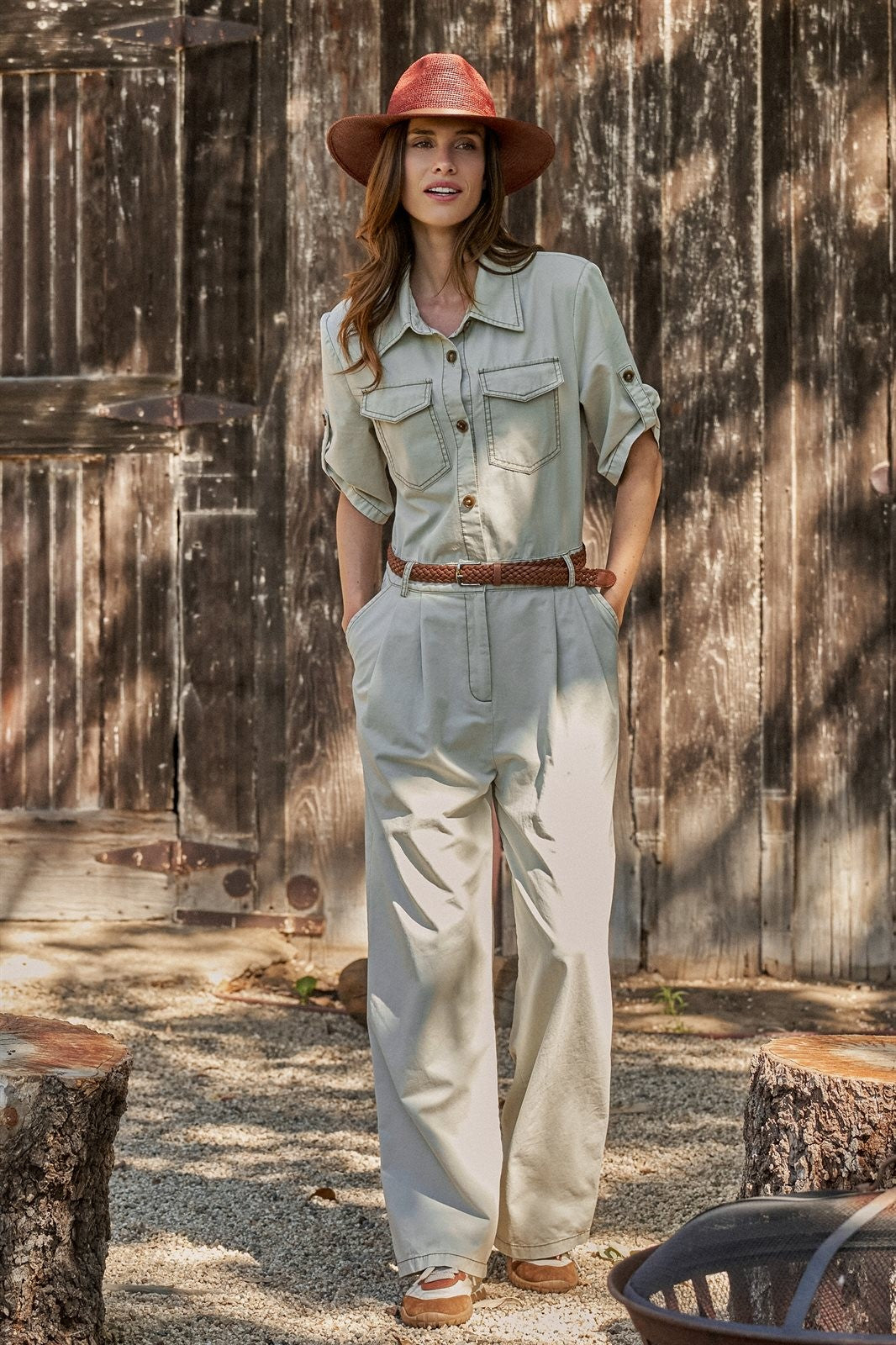 Cotton Utility Jumpsuit with Braided Belt in Khaki - Women's Jumpsuits | Urban Daizy