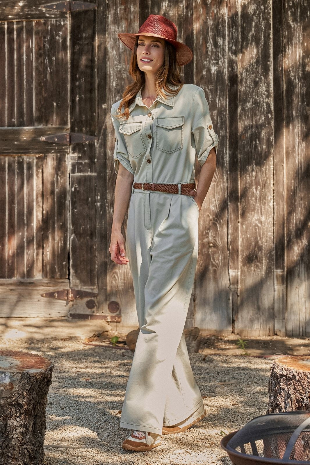 Cotton Utility Jumpsuit with Braided Belt in Khaki - Women's Jumpsuits | Urban Daizy
