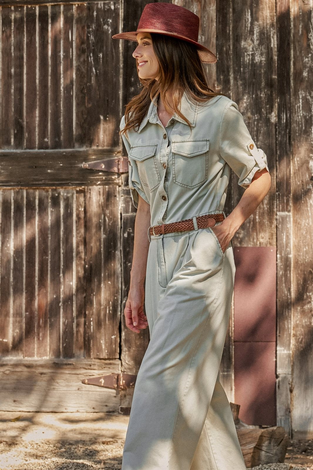 Cotton Utility Jumpsuit with Braided Belt in Khaki - Women's Jumpsuits | Urban Daizy